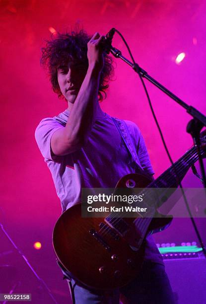 Musician Andrew VanWyngarden from the band MGMT performs during day two of the Coachella Valley Music & Arts Festival 2010 held at the Empire Polo...