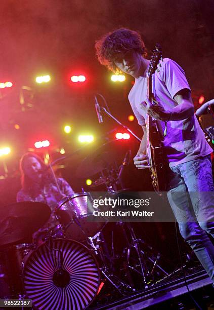 Musicians Will Berman and Andrew VanWyngarden from the band MGMT perform during day two of the Coachella Valley Music & Arts Festival 2010 held at...