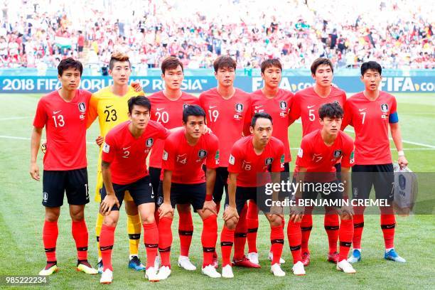 South Korea's midfielder Koo Ja-cheol, South Korea's goalkeeper Cho Hyun-woo, South Korea's defender Jang Hyun-soo, South Korea's defender Kim...