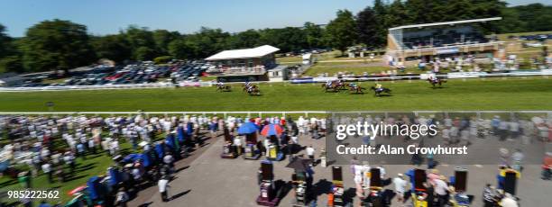 Charles Bishop riding Oberyn Martell win The New Forest Farm Machinery/John Deere Auction Stakes at Salisbury Racecourse on June 27, 2018 in...