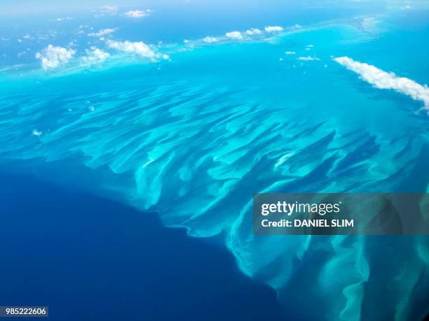 Shades of turquoise waters surround sandbanks off Eleuthera in the Bahamas as seen from a plane 25 June 2018.