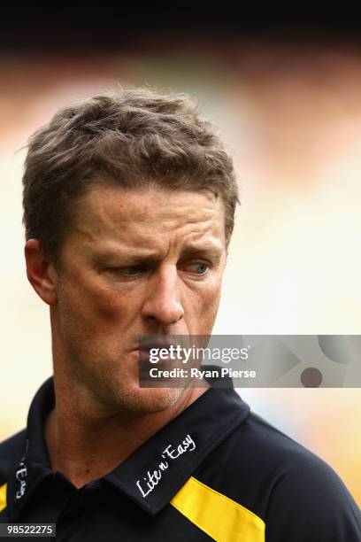 Damien Hardwick, coach of the Tigers, looks on during the round four AFL match between the Richmond Tigers and the Melbourne Demons at the Melbourne...