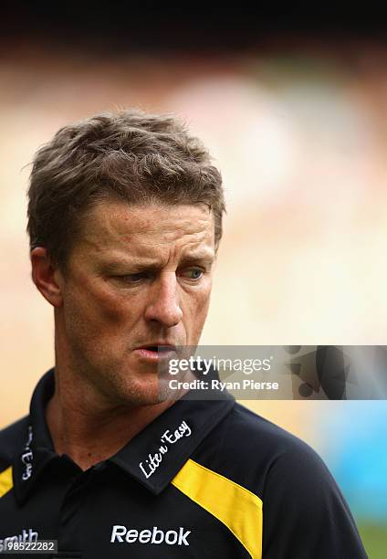 Damien Hardwick, coach of the Tigers, looks on during the round four AFL match between the Richmond Tigers and the Melbourne Demons at the Melbourne...