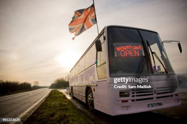 Wendys Bus Café on the 3rd February 2010 in Kings Lynn in the United Kingdom. Wendys husband redesigned the interior of this ageing bus into a busy...