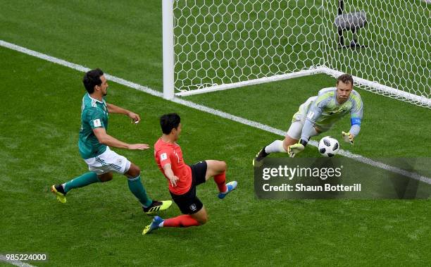 Manuel Neuer of Germany makes a save during the 2018 FIFA World Cup Russia group F match between Korea Republic and Germany at Kazan Arena on June...