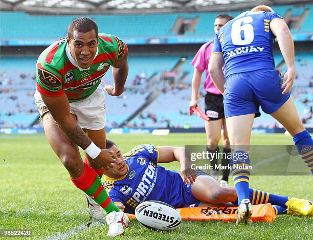 Fetuli Talanoa of the Rabbitohs scores a try during the round six NRL match between the Parramatta Eels and the South Sydney Rabbitohs at ANZ Stadium...