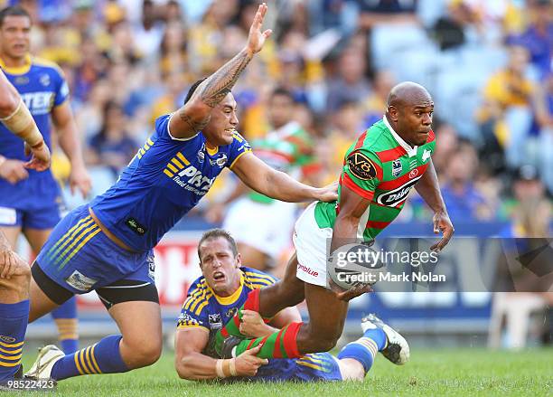 Rhys Wesser of the Rabbitohs offloads during the round six NRL match between the Parramatta Eels and the South Sydney Rabbitohs at ANZ Stadium on...