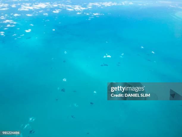 Shades of turquoise waters surround sandbanks off Eleuthera in the Bahamas as seen from a plane 25 June 2018.