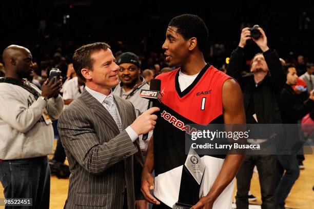 Kyrie Irving interviews after the National Game at the 2010 Jordan Brand classic at Madison Square Garden on April 17, 2010 in New York City.