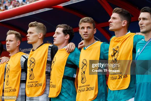 Matthias Ginter of Germany, Sebastian Rudy of Germany, Thomas Mueller of Germany and Mario Gomez of Germany look on prior to the 2018 FIFA World Cup...