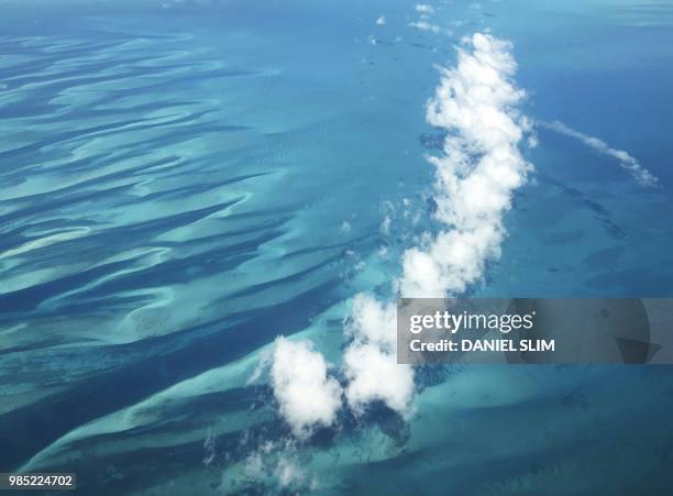 Shades of turquoise waters surround sandbanks off Eleuthera in the Bahamas as seen from a plane 25 June 2018.