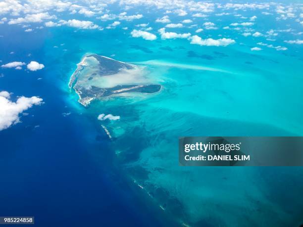 Shades of turquoise waters surround sandbanks off Eleuthera in the Bahamas as seen from a plane 25 June 2018.