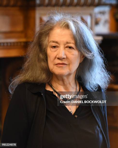 Argentine pianist Martha Argerich is pictured after she signed the city's golden book at the City Hall in Hamburg on June 27, 2018. / Germany OUT