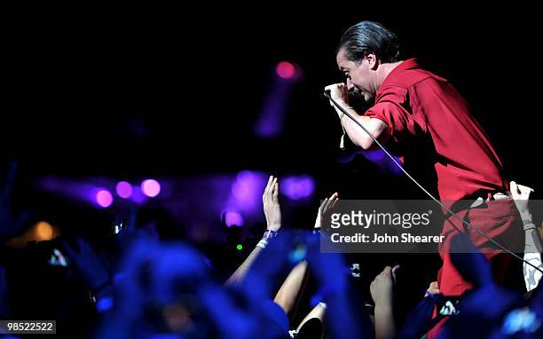Musician Mike Patton of Faith No More performs during Day 2 of the Coachella Valley Music & Art Festival 2010 held at the Empire Polo Club on April...