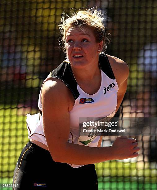 Dani Samuels of the NSWIS competes in the Womens Discus Throw Open during day three of the Australian Athletics Championships at Western Australia...