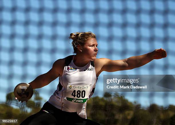 Dani Samuels of the NSWIS competes in the Womens Discus Throw Open during day three of the Australian Athletics Championships at Western Australia...