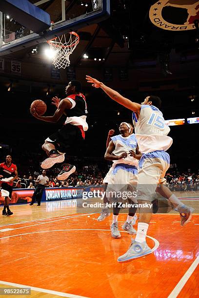 Kyrie Irving of East Team goes for a shot during the National Game at the 2010 Jordan Brand classic at Madison Square Garden on April 17, 2010 in New...