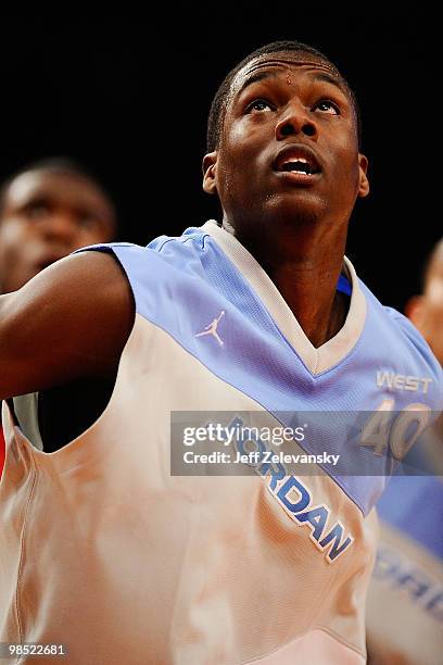 Harrison Barnes of West Team on court during the National Game at the 2010 Jordan Brand classic at Madison Square Garden on April 17, 2010 in New...