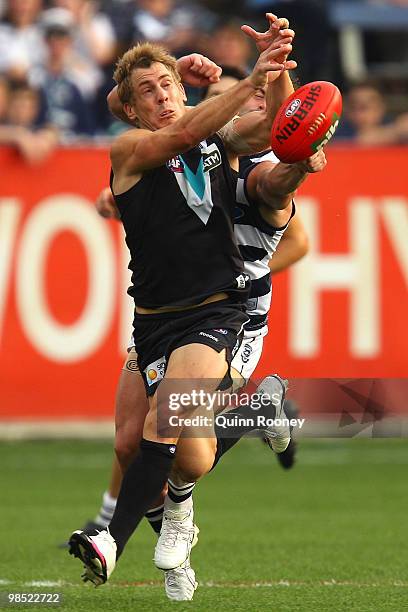 Brett Ebert of the Power attempts to mark during the round four AFL match between the Geelong Cats and the Port Adelaide Power at Skilled Stadium on...