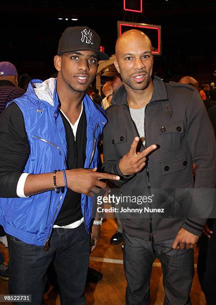 Player Chris Paul and recording artist Common attend the Jordan Brand Classic National Game at Madison Square Garden on April 17, 2010 in New York...