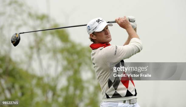 Jamie Donaldson of Wales tees off on the 7th hole during the Round Four of the Volvo China Open on April 18, 2010 in Suzhou, China.