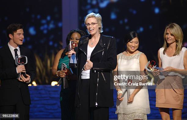 Jane Lynch and the cast of Glee on stage at the 8th Annual TV Land Awards at Sony Studios on April 17, 2010 in Los Angeles, California.