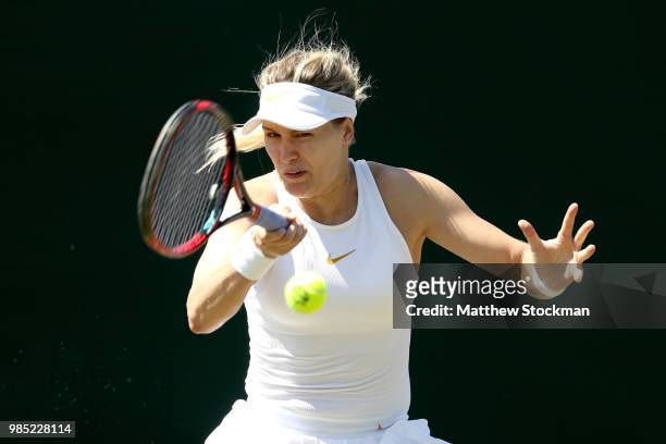 Eugenie Bouchard of Canada returns a shot during her ladies singles qualifying match against Karolina Muchova of Czech Republic on Day Three of...