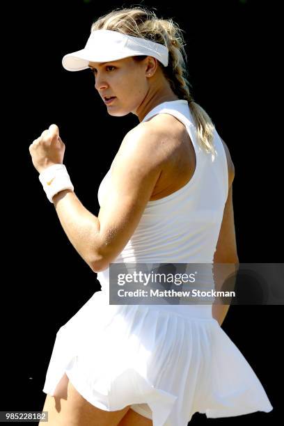 Eugenie Bouchard of Canada celebrates a point during her ladies singles qualifying match against Karolina Muchova of Czech Republic on Day Three of...