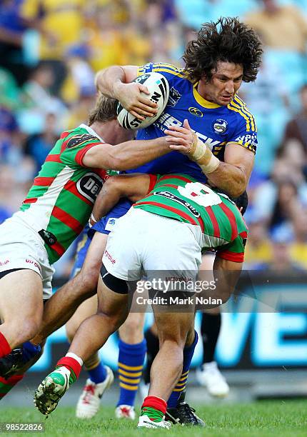 Nathan Hindmarsh of the Eels is tackled during the round six NRL match between the Parramatta Eels and the South Sydney Rabbitohs at ANZ Stadium on...