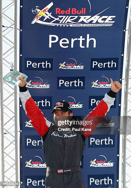 Hannes Arch of Austria celebrate winning the Red Bull Air Race Day on April 18, 2010 in Perth, Australia. Matt Hall of Australia came 2nd and Paul...