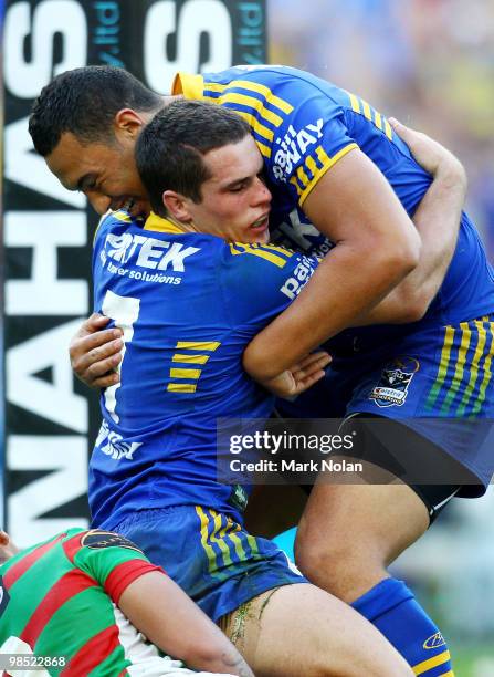 Daniel Mortimer of the Eels is congratulated by team mate Feleti Mateo after he scored during the round six NRL match between the Parramatta Eels and...