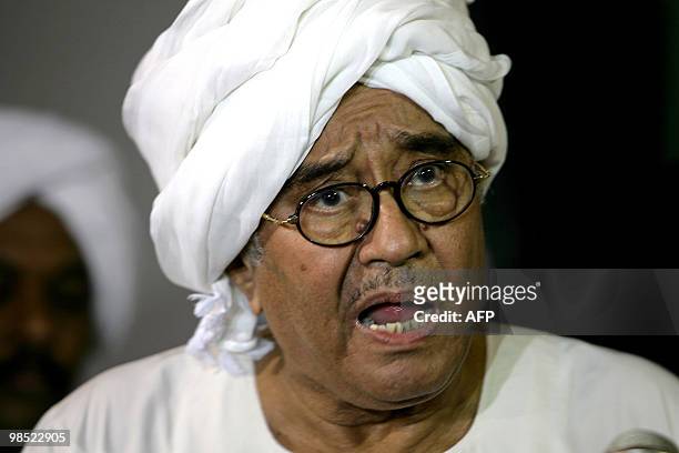 Faruq Abu Issa, spokesman for Sudan's coalition of opposition groups, briefs reporters in Khartoum late on April 17, 2010. Sudan's landmark polls,...