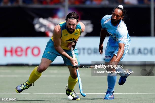 Trent Mitton of Australia, Sardar Singh of India during the Champions Trophy match between India v Australia at the Hockeyclub Breda on June 27, 2018...