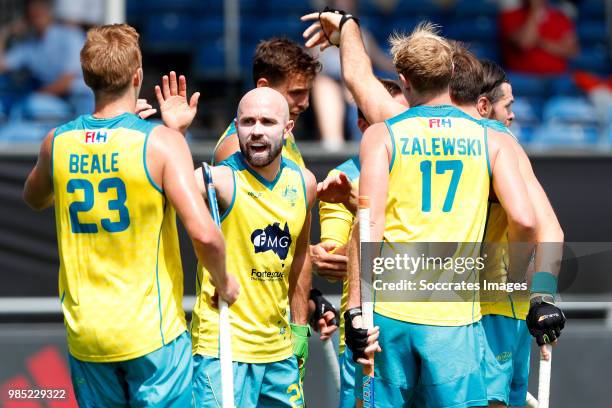 Trent Mitton of Australia celebrates 1-3 with Daniel Beale of Australia, Aran Zalewski of Australia during the Champions Trophy match between India v...