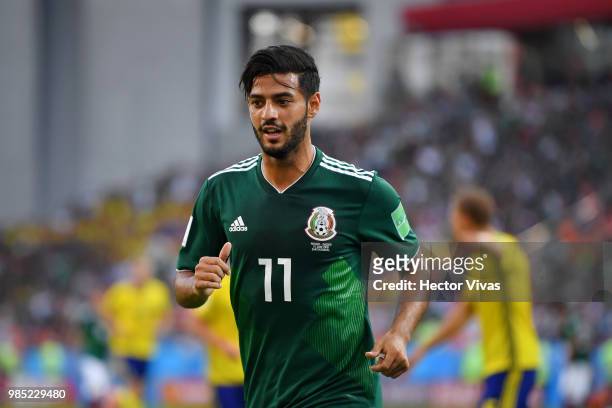 Carlos Vela of Mexico looks on during the 2018 FIFA World Cup Russia group F match between Mexico and Sweden at Ekaterinburg Arena on June 27, 2018...