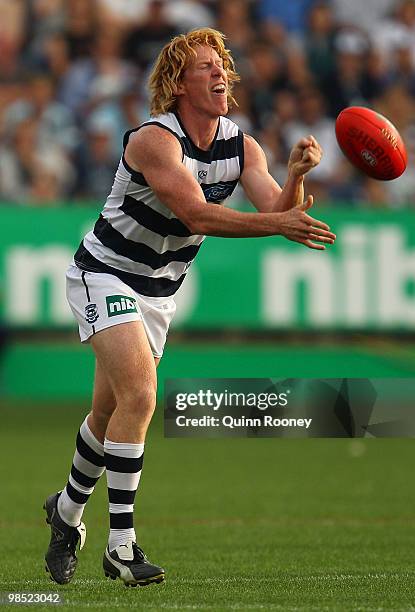 Cameron Ling of the Cats handballs during the round four AFL match between the Geelong Cats and the Port Adelaide Power at Skilled Stadium on April...