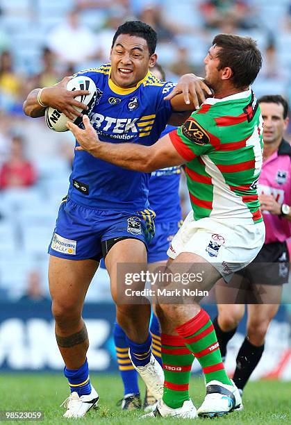 Krisnan Inu of the Eels is tackled during the round six NRL match between the Parramatta Eels and the South Sydney Rabbitohs at ANZ Stadium on April...