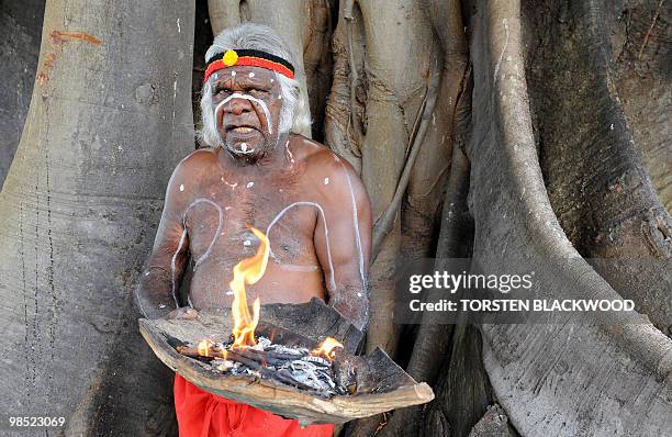 Budgeoli Aboriginal elder Max Eulo performs a 'Welcome to Country' smoking ceremony on Goat Island, or Me-Mel in the local dialect -- meaning: the...