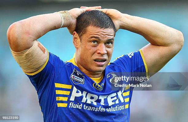 Timana Tahu of the Eels takes a breather during the round six NRL match between the Parramatta Eels and the South Sydney Rabbitohs at ANZ Stadium on...