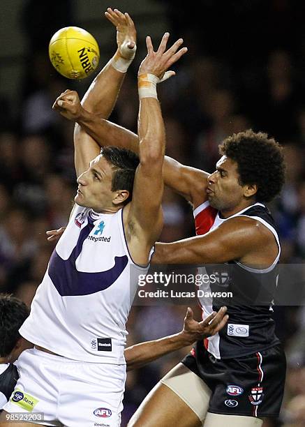 Matthew Pavlich of the Dockers contests for a mark against James Gwilt during the round four AFL match between the St Kilda Saints and the Fremantle...