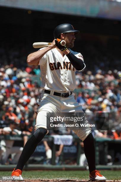 Hunter Pence of the San Francisco Giants at bat against the San Diego Padres during the second inning at AT&T Park on June 24, 2018 in San Francisco,...