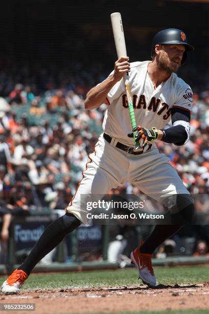 Hunter Pence of the San Francisco Giants at bat against the San Diego Padres during the second inning at AT&T Park on June 24, 2018 in San Francisco,...