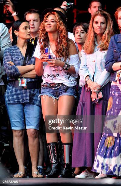 Beyonce and Maria Shriver watch Jay-Z perform during Day 1 of the Coachella Valley Music & Arts Festival 2010 held at the Empire Polo Club on April...