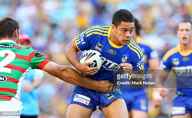 Jarryd Hayne of the Eels is tackled during the round six NRL match between the Parramatta Eels and the South Sydney Rabbitohs at ANZ Stadium on April...