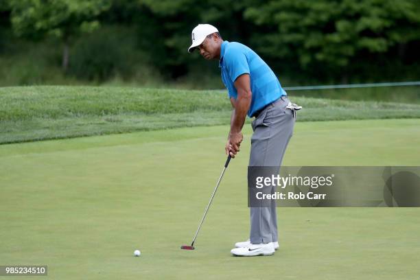 Tiger Woods putts on the fourth green in the Pro-Am prior to the Quicken Loans National at TPC Potomac on June 27, 2018 in Potomac, Maryland.