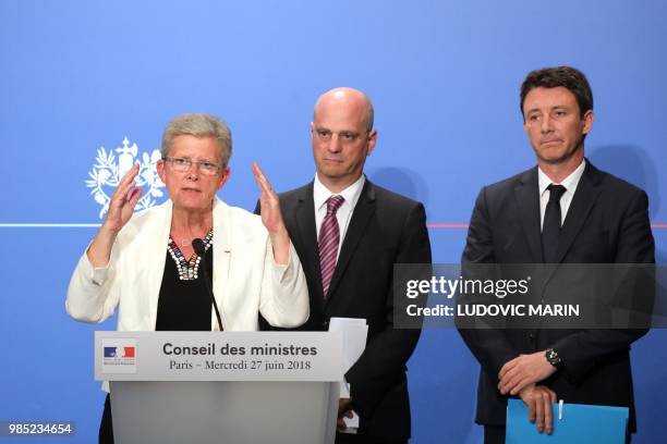 French Education Minister Jean-Michel Blanquer and French Government's Spokesperson Benjamin Griveaux listen to French Junior Minister for Defence...