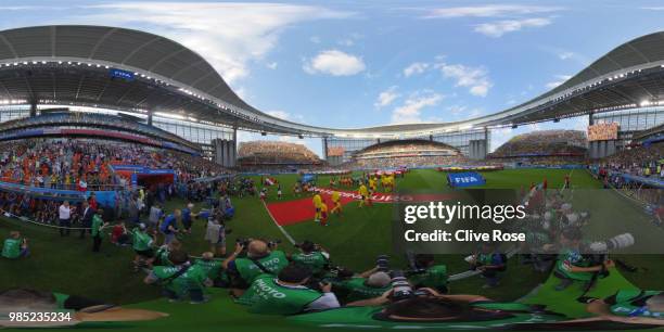 General view inside the stadium as teams walk on the pitch during the 2018 FIFA World Cup Russia group F match between Mexico and Sweden at...