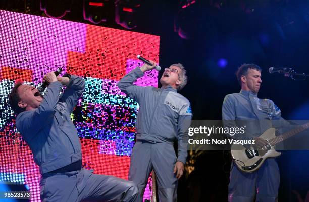 Musicians Gerald Casale, Mark Mothersbaugh and Bob Mothersbaugh of the band Devo perform during day two of the Coachella Valley Music & Arts Festival...