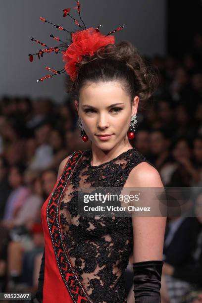 Model walks the runway wearing Pedro Loredo during Mercedes-Benz Fashion Mexico Autumn Winter 2010 at Campo Marte on April 16, 2010 in Mexico City,...