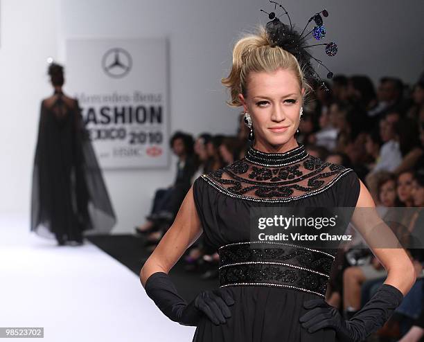 Model walks the runway wearing Pedro Loredo during Mercedes-Benz Fashion Mexico Autumn Winter 2010 at Campo Marte on April 16, 2010 in Mexico City,...